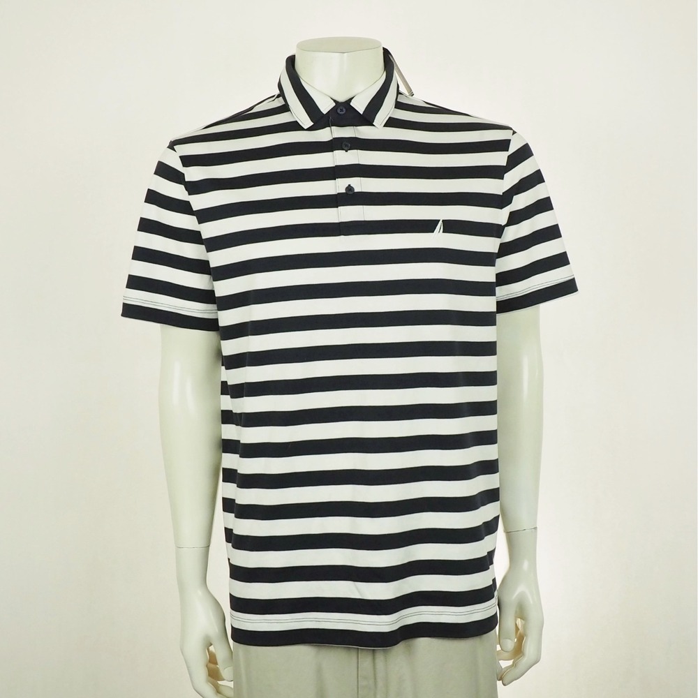 New Nautica Polo Shirt Mens Large Navy Blue White Striped Boat Logo Soft Cotton